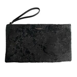 COACH Black Sequin Navy Satin Interior Clutch With Wrist Strap